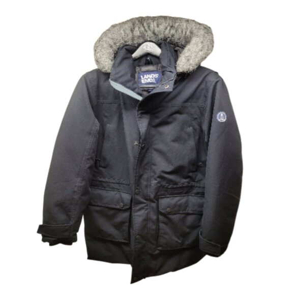 Lands' End Men's Down Expedition Parka M 38-40 Faux Fur Trim Hood Black - Picture 1 of 9